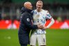 Norway's Erling Haaland, right, and head coach Stale Solbakken celebrate after the 2026 World Cup Group I qualifier soccer match between Italy and Norway in Milan, Italy, Sunday, Nov. 16, 2025. (AP Photo/Luca Bruno)