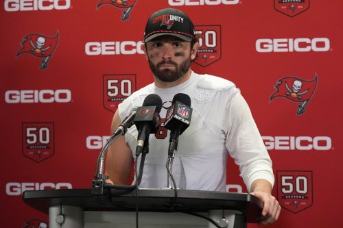 Tampa Bay Buccaneers quarterback Baker Mayfield speaks during a news conference after an NFL football game against the Miami Dolphins, Sunday, Dec. 28, 2025, in Miami Gardens, Fla. (AP Photo/Lynne Sladky)