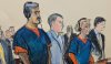 Venezuelan President Nicolas Maduro, left, and his wife, Cilia Flores, second from right, appear in Manhattan federal court with their defense attorneys Mark Donnelly, second from left, and Andres Sanchez, Monday, Jan. 5, 2026, in New York. (Elizabeth Williams via AP)