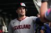 FILE - Cleveland Guardians' Lane Thomas (8) celebrates after hitting a solo home run during the second inning of a baseball game against the Chicago Cubs, July 2, 2025, in Chicago. (AP Photo/Erin Hooley, File)