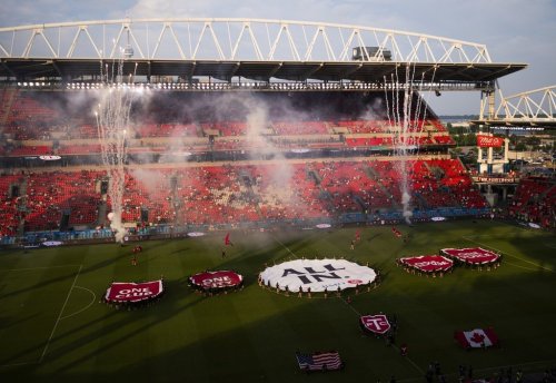 A general view of BMO Field as the game presentation is displayed before Toronto FC play Nashville SC in MLS soccer action in Toronto, Wednesday, June 19, 2024. THE CANADIAN PRESS/Mark Blinch