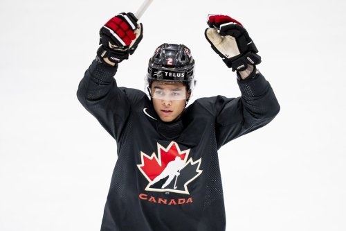 Canadian defenceman Kashawn Aitcheson at practice at the world junior hockey championship in Minneapolis on Tuesday, Dec. 30, 2025. THE CANADIAN PRESS/Christopher Katsarov
