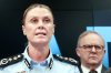 Australian Federal Police Commissioner Krissy Barrett speaks about the Bondi terror attack investigation as Prime Minister Anthony Albanese, right, listens, Tuesday, Dec. 30, 2025, in Canberra, Australia. (Hilary Wardhaugh/AAP Image via AP)