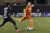 C.F. Monterrey midfielder Iker Fimbres (37) moves in on Hamilton Forge FC midfielder Kyle Bekker (10) as he takes a shot during round one of the 2025 CONCACAF Champions Cup in Hamilton, Ont., Wednesday, February 5, 2025. THE CANADIAN PRESS/Nick Iwanyshyn
