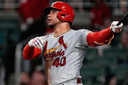 FILE - St. Louis Cardinals' Willson Contreras (40) watches his solo home run in the seventh inning of a baseball game against the Atlanta Braves Sept. 6, 2023, in Atlanta. (AP Photo/John Bazemore, File)