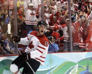 Canada's Jonathan Toews (16) reacts after scoring a goal in the first period of the men's gold medal ice hockey game against USA at the Vancouver 2010 Olympics in Vancouver, British Columbia, Sunday, Feb. 28, 2010. (AP Photo/Matt Slocum)