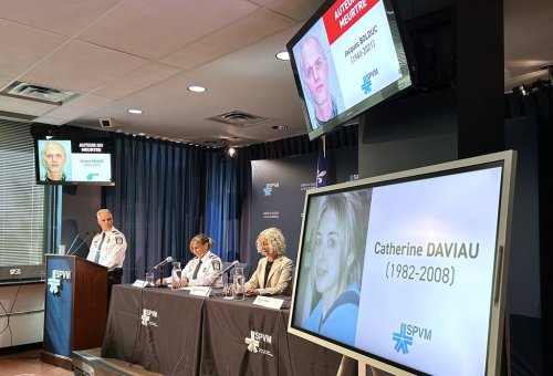 Montreal police Cmdr. Francois Sauve, left to right, Montreal police Cmdr. Melanie Dupont and Suzanne Marchand, senior executive director of the provincial crime lab, announce the resolution in the 2008 murder of Catherine Daviau during a news conference in Montreal, on Wednesday, Sept. 17, 2025. THE CANADIAN PRESS/Sidhartha Banerjee