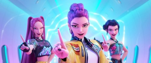 This image released by Netflix shows characters, from left, Mira, Rumi, Zoey in a scene from 