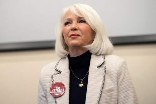FILE - Candidate Tina Peters speaks during a debate for the state leadership position, Feb. 25, 2023, in Hudson, Colo. (AP Photo/David Zalubowski, File)