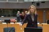 European Union foreign policy chief Kaja Kallas rings a bell to signify the start of a meeting of EU foreign ministers at the European Council building in Brussels, Monday, Dec. 15, 2025. (AP Photo/Virginia Mayo)