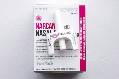 A nasal spray containing Naxolone, taken from an naxolone emergency kit, is shown at a pharmacy in Toronto on Tuesday April 11 , 2017. Naxolone is a medication that reverses the effects of an overdose from opioids such as heroin, methadone, fentanyl and morphine. THE CANADIAN PRESS/Chris Young