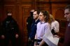 Maja T., a German anti-fascist activist, accused of assaulting and injuring neo-Nazis in Budapest in Feb. 2023, grimaces as the sentence is read in court in Budapest, Hungary, Wednesday, Feb.4, 2026, at the Budapest-Capital Regional Court. (AP Photo/Denes Erdos)
