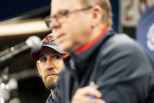Montreal Alouettes head coach Jason Maas, left, and general manager Danny Maciocia speak to reporters during an end-of-season interview, in Montreal on Wednesday, Nov. 19, 2025. THE CANADIAN PRESS/Christopher Katsarov