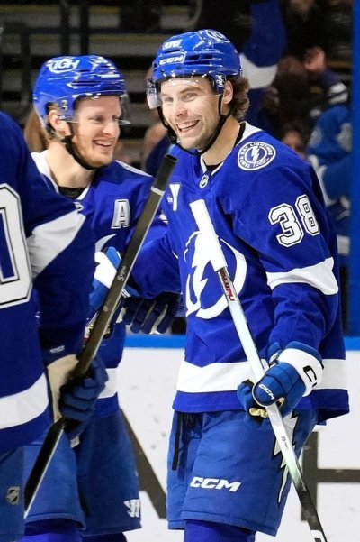 Tampa Bay Lightning left wing Brandon Hagel (38) reacts after scoring against the San Jose Sharks during the third period of an NHL hockey game Tuesday, Jan. 20, 2026, in Tampa, Fla. (AP Photo/Chris O'Meara)