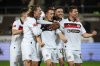 St. Pauli's Martijn Kaars, center, celebrates with his teammates after scoring during the German Bundesliga soccer match between FC St. Pauli and RB Leipzig in Hamburg, Germany, Tuesday, Jan. 27, 2026. (Christian Charisius/dpa via AP)