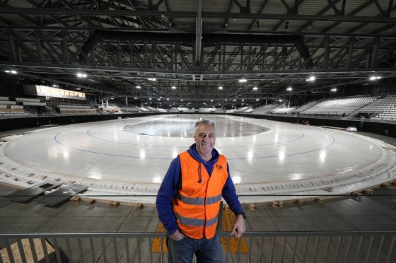 Canadian Ice Master Mark Messer in the stadium where the speed skating discipline of the Milan Cortina 2026 Winter Olympics will take place, in Rho. (Luca Bruno / The Associated Press files)