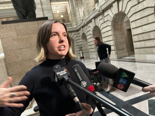 Laura Cameron, director of Climate Action Team Manitoba, speaks to reporters at the Manitoba legislature on Thursday Jan. 29, 2026. THE CANADIAN PRESS/Steve Lambert