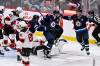 Winnipeg Jets&rsquo; Gabriel Vilardi (13) celebrates his goal against the New Jersey Devils with teammates Jonathan Toews (19) and Dylan DeMelo (2) during second period NHL hockey action in Winnipeg on Sunday January 11, 2026. (Fred Greenslade / The Canadian Press)