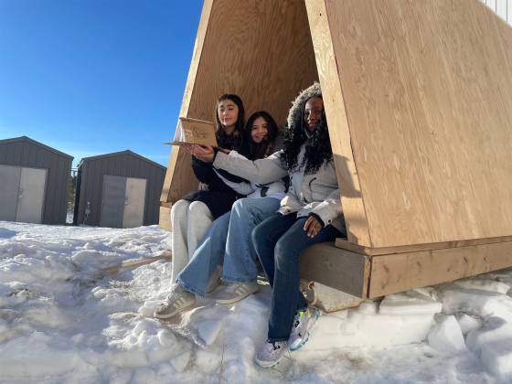 From left: Bison Run School’s Arya Samim, Gabriela Londono and Tamilore Akinyele collaborated with other Grade 7 students to create a warming hut that will be installed at The Forks. (Maggie Macintosh / Free Press)