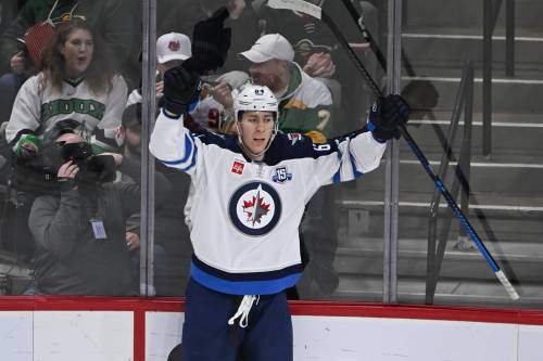 CRAIG LASSIG / THE ASSOCIATED PRESS
                                Winnipeg Jets defenceman Logan Stanley celebrates after scoring his eighth goal of the season Thursday night against the Minnesota Wild.