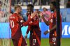 Toronto FC's Djordje Mihailovic, left, celebrates scoring against Orlando City SC with Derrick Etienne Jr, middle, and Deandre Kerr, right, during second half MLS soccer action in Toronto on Saturday, Oct. 18, 2025. THE CANADIAN PRESS/Jon Blacker