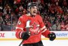 Canada's Seth Jarvis (24) reacts to a goal by teammate Brad Marchand (not shown) against Sweden during first period 4 Nations Face-Off hockey action in Montreal, Wednesday, Feb. 12, 2025. THE CANADIAN PRESS/Graham Hughes