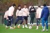 Aston Villa's Morgan Rogers, centre left, Pau Torres, second left, and Ollie Watkins, centre, practice during a training session in Tamworth, England, Wednesday Jan. 28, 2026, one day ahead of their Europa League soccer match against Salzburg. (David Davies/PA via AP)