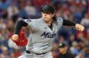 FILE - Miami Marlins starting pitcher Ryan Weathers throws during the first inning of a baseball game against the Philadelphia Phillies, Sept. 24, 2025, in Philadelphia. (AP Photo/Laurence Kesterson, File)
