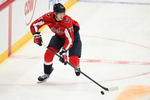 FILE - Washington Capitals forward Eriks Mateiko (73) in action during the second period of an NHL preseason hockey game against the Boston Bruins, Oct. 2, 2025, in Washington. (AP Photo/Nick Wass, File)