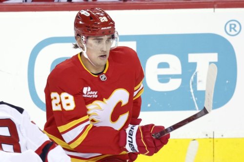 Defenceman Zach Whitecloud plays his first game for the Calgary Flames after being traded from the Vegas Golden Knights as part of the Rasmus Andersson trade deal in Calgary, Alta., Monday, Jan. 19, 2026. THE CANADIAN PRESS/Larry MacDougal