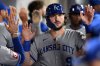 FILE - Kansas City Royals Vinnie Pasquantino (9) celebrates in the dugout after scoring a run against the Los Angeles Angels in the ninth inning of a baseball game Thursday, Sept. 25, 2025, in Anaheim, Calif. (AP Photo/Wally Skalij, File)