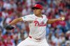 FILE - Philadelphia Phillies starting pitcher Ranger Suárez throws during the first inning of a baseball game against the Minnesota Twins, Saturday, Sept. 27, 2025, in Philadelphia. (AP Photo/Laurence Kesterson, File)