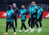 Liverpool's Mohamed Salah, center, during a training session in Liverpool, England, Tuesday, Jan. 20, 2026, ahead of the Champions League soccer match against Marseille. (Peter Byrne/PA via AP)