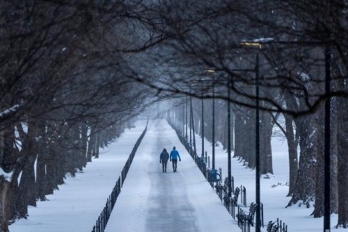 Two people walk along the National Mall as snow falls, Sunday, Jan. 25, 2026, in Washington. (AP Photo/Alex Brandon)