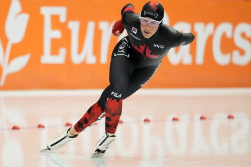 Valerie Maltais of Canada competes during the women's 3000 metres at the World Cup speedskating event in Inzell Germany, Saturday, Jan. 24, 2026. (AP Photo/Matthias Schrader)