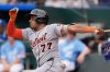 FILE - Detroit Tigers' Andy Ibanez bats during the eighth inning of a against the Kansas City Royals, Sunday, Aug. 31, 2025, in Kansas City, Mo. (AP Photo/Charlie Riedel, File)