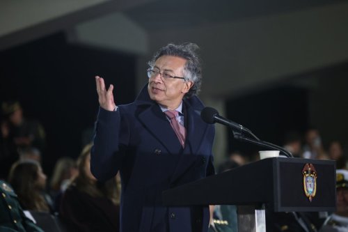Colombian President Gustavo Petro speaks during a swearing-in ceremony for the new military commanders at the Army cadet academy in Bogota, Colombia, Monday, Dec. 29, 2025. (AP Photo/Esteban Vega)