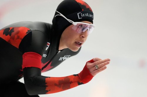 Valerie Maltais of Canada competes during the women's 3000 meters at the World Cup speedskating event in Inzell Germany, Saturday, Jan. 24, 2026. (AP Photo/Matthias Schrader)