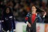 FILE - United States' Erin Jackson, left, and compatriot Brittany Bowe at the end of the 1000m Women event of the World Championships at Thialf ice arena Heerenveen, Netherlands, March 4, 2023. (AP Photo/Peter Dejong, File)