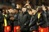 FILE - Lens' head coach Pierre Sage celebrates with players after the French League One soccer match between Lens and Marseille in Lens, France, Saturday, Oct. 25, 2025. (AP Photo/Jean-Francois Badias, File)