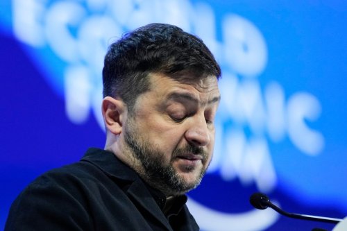 Ukraine's President Volodymyr Zelenskyy delivers a speech at the Annual Meeting of the World Economic Forum in Davos, Switzerland, Thursday, Jan. 22, 2026. (AP Photo/Markus Schreiber)