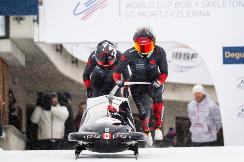 Melissa Lotholz and Kelsey Mitchell of Canada in action, during the Women's two-person bobsled World Cup, in St. Moritz, Switzerland, Sunday, Jan. 11, 2026. (Mayk Wendt/Keystone via AP)