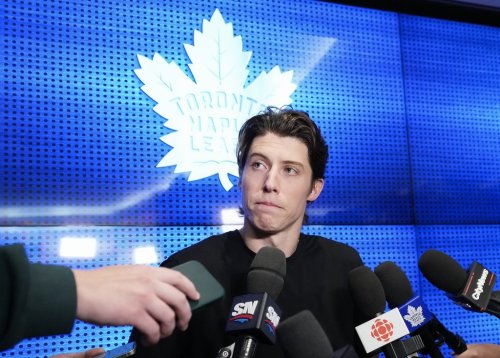 Maple Leafs winger Mitch Marner speaks to the media for the last time as a member of the team in Toronto on Tuesday, May 20, 2025. THE CANADIAN PRESS/Nathan Denette