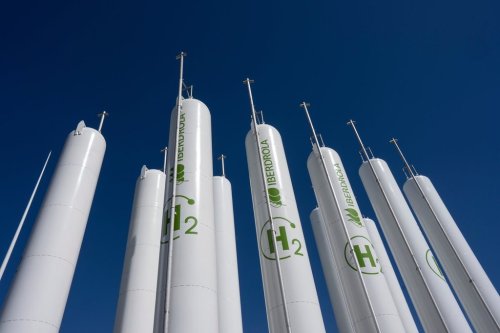FILE - Hydrogen storage tanks are visible at the Iberdrola green hydrogen plant in Puertollano, central Spain, March 28, 2023. (AP Photo/Bernat Armangue, File)