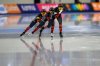 From front to back, Canada's Valerie Maltais, Ivanie Blondin and Beatrice Lamarche skate during the women's team pursuit at a World Cup speedskating event Sunday, Nov. 16, 2025, in Salt Lake City. (AP Photo/Tyler Tate)