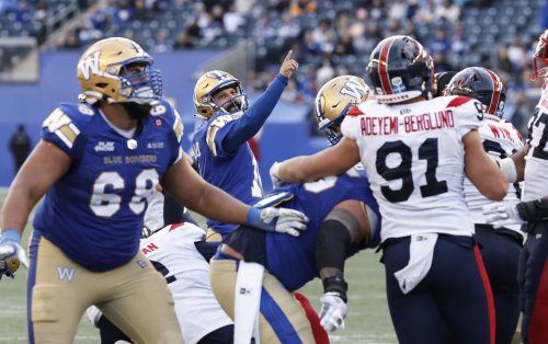 Winnipeg Blue Bombers kicker Sergio Castillo (14) kicks a field goal against the Montreal Alouettes during second half CFL action in Winnipeg Saturday, October 25, 2025.    THE CANADIAN PRESS/John Woods
