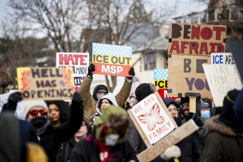Protesters march during a rally for Renee Good, who was fatally shot by an ICE officer earlier in the week, in Minneapolis, Saturday, Jan. 10, 2026. THE CANADIAN PRESS/Christopher Katsarov
