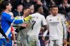 Real Madrid's Vinicius Junior, center, reacts during the Spanish La Liga soccer match between Real Madrid and Rayo Vallecano in Madrid, Spain, Sunday, Feb. 1, 2026. (AP Photo/Manu Fernandez)