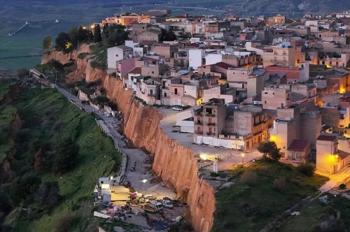 Aerial view of the village of Niscemi near the Sicilian town of Caltanissetta, southern Italy, Tuesday, Jan. 27, 2026, where severe storms provoked a landslide, and some 1,500 people had to be evacuated from their homes. (Alberto Lo Bianco/LaPresse via AP)