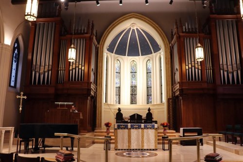 Alex Nguyen, director of music at Church of the Epiphany, plays the church's new organ, Tuesday, Oct. 21, 2025, in Manhattan's Upper East Side in New York. (Adelle M. Banks/RNS via AP)
